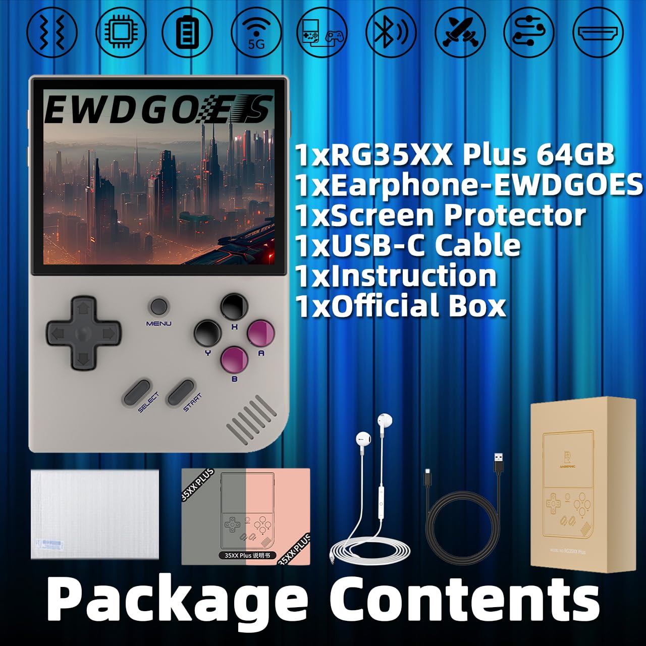 EWDGOES RG35XX Plus Handheld Game Console 3.5 in IPS Screen RG 35XX Plus Preinstalled Emulator System 64GB Gray