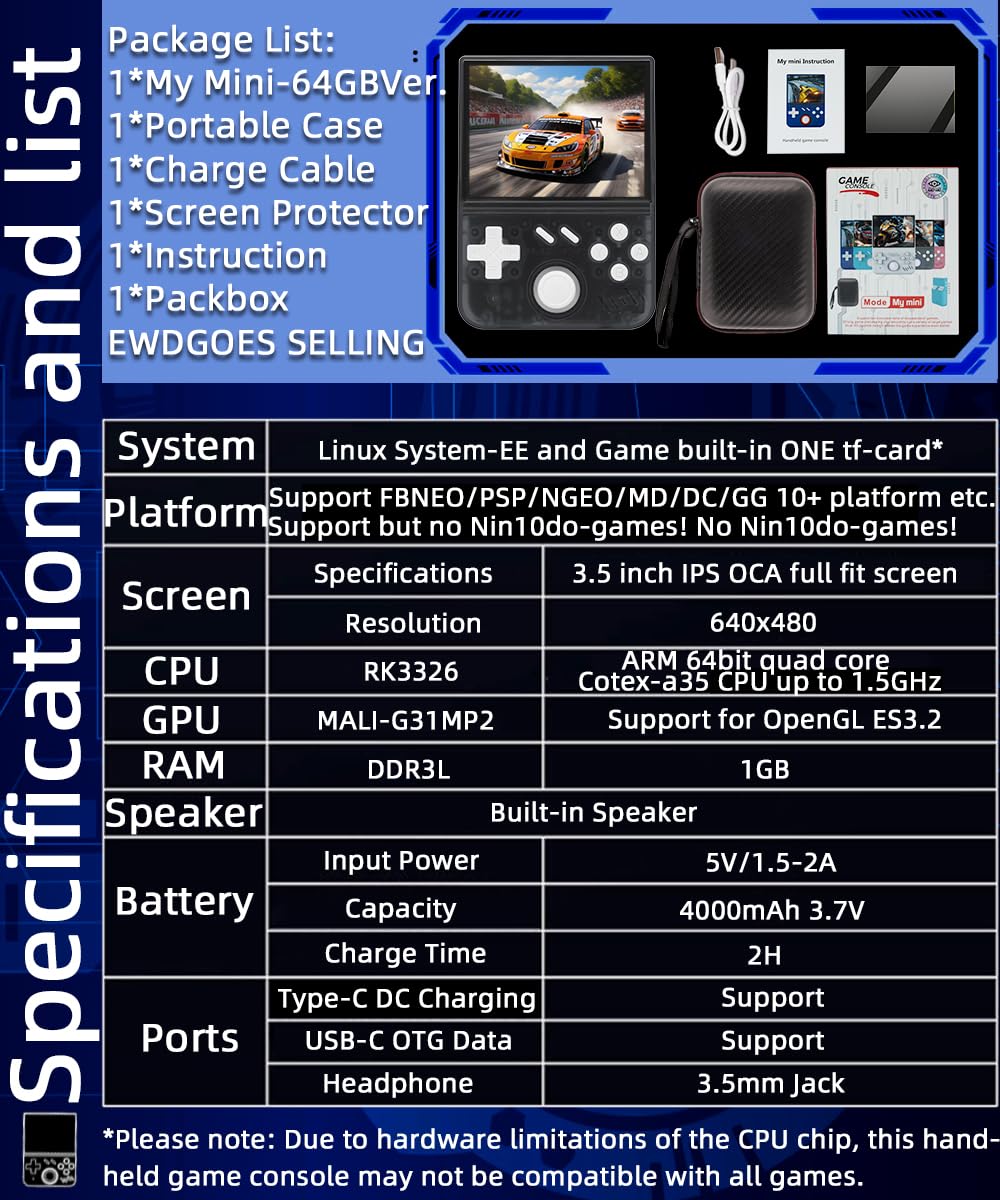 My Mini Handheld Game Console 3.5-in 640*480 IPS OCA Screen RK3326 4000mAh with Portable Case Black Transparent-64GB