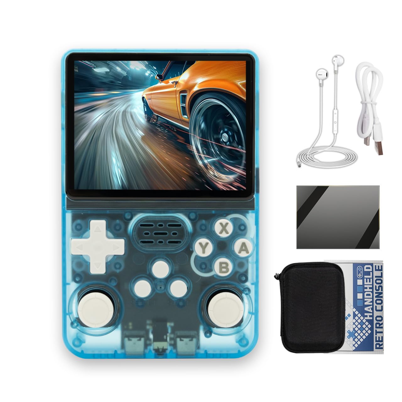 R36S Handheld Game Console 3.5-in 640*480 IPS OCA Screen 3200mAh ArkOS RK3326 Cyan Transparent-64GBVer.