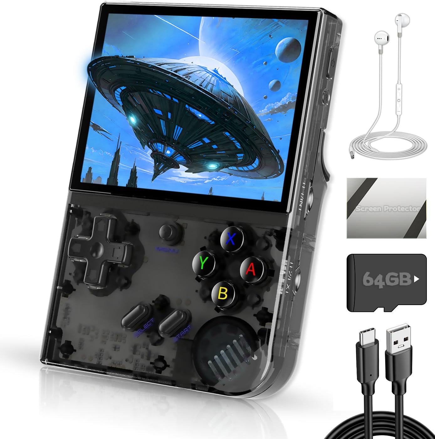 EWDGOES RG35XX Plus Handheld Game Console 3.5 in IPS Screen RG 35XX Plus Preinstalled Emulator System 64GB Transparent