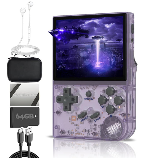 RG35XX Handheld Game Console 3.5-inch IPS Screen RG 35XX Preinstalled Emulator Dual OS System with Portable Case 64GB Transparent Purple
