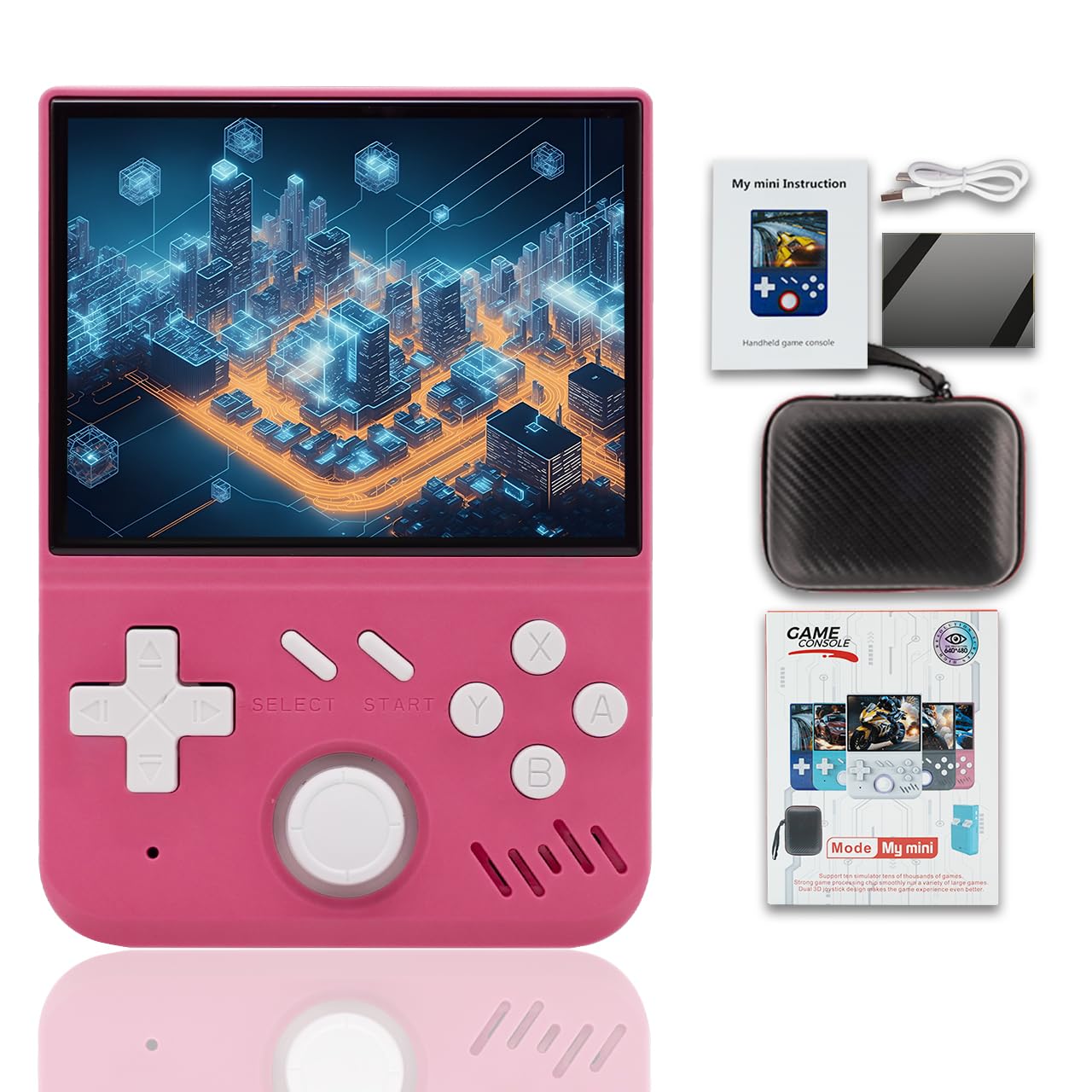My Mini Handheld Game Console 3.5-in 640*480 IPS OCA Screen RK3326 4000mAh with Portable Case Pink-64GBVer.