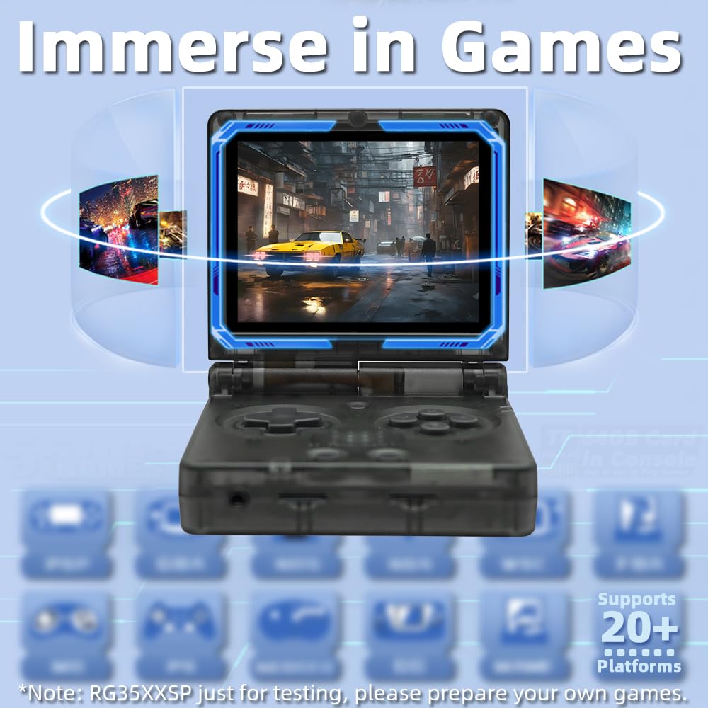 RG35XXSP Handheld Game Console 3.5 inch IPS Screen 3300mAh System Clamshell Retro Games Consoles Flip Compatible with TV-Out 64G Black Transparent