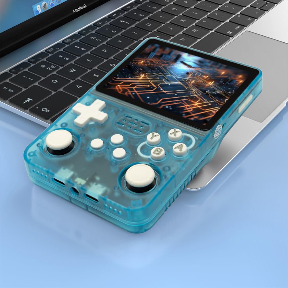 R36S Handheld Game Console 3.5-in 640*480 IPS OCA Screen 3200mAh ArkOS RK3326 Cyan Transparent-64GBVer.