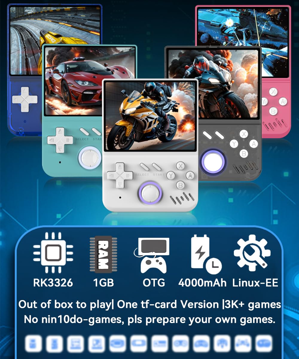 My Mini Handheld Game Console 3.5-in 640*480 IPS OCA Screen RK3326 4000mAh with Portable Case Blue Transparent-64GB