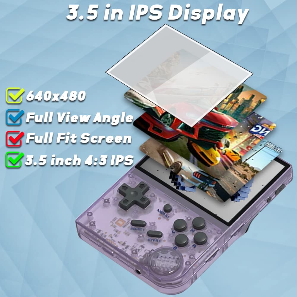 RG35XX Handheld Game Console 3.5-inch IPS Screen RG 35XX Preinstalled Emulator Dual OS System with Portable Case 64GB Transparent Purple