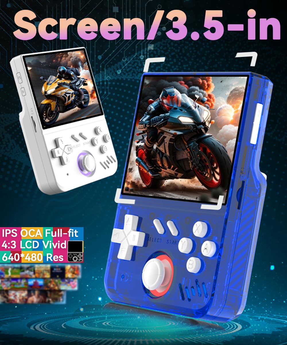My Mini Handheld Game Console 3.5-in 640*480 IPS OCA Screen RK3326 4000mAh with Portable Case Blue Transparent-64GB