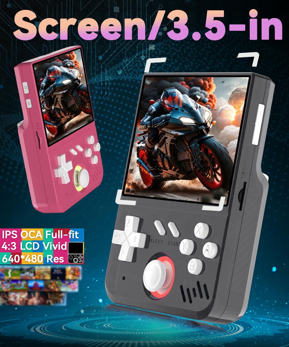 My Mini Handheld Game Console 3.5-in 640*480 IPS OCA Screen RK3326 4000mAh with Portable Case Pink-64GBVer.