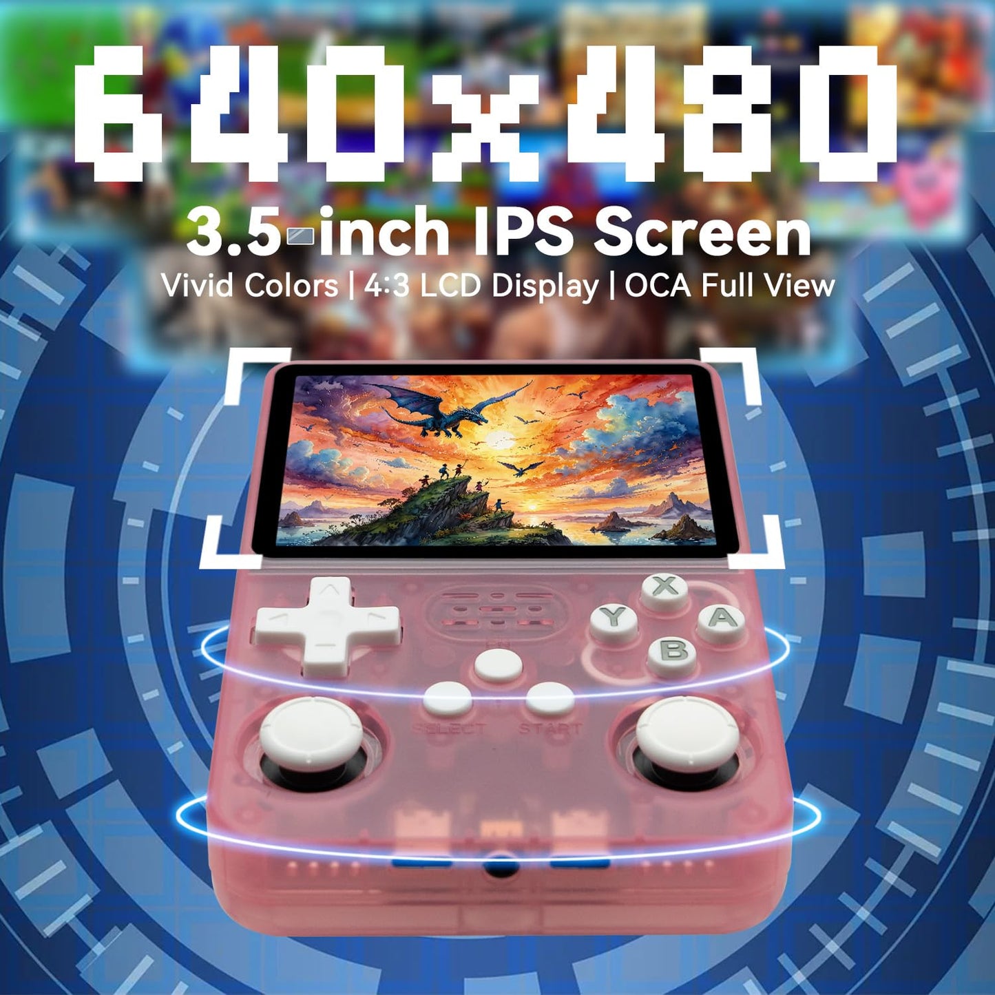 R36S Handheld Game Console 3.5-in 640*480 IPS OCA Screen 3200mAh ArkOS RK3326 Pink Transparent-64GBVer.
