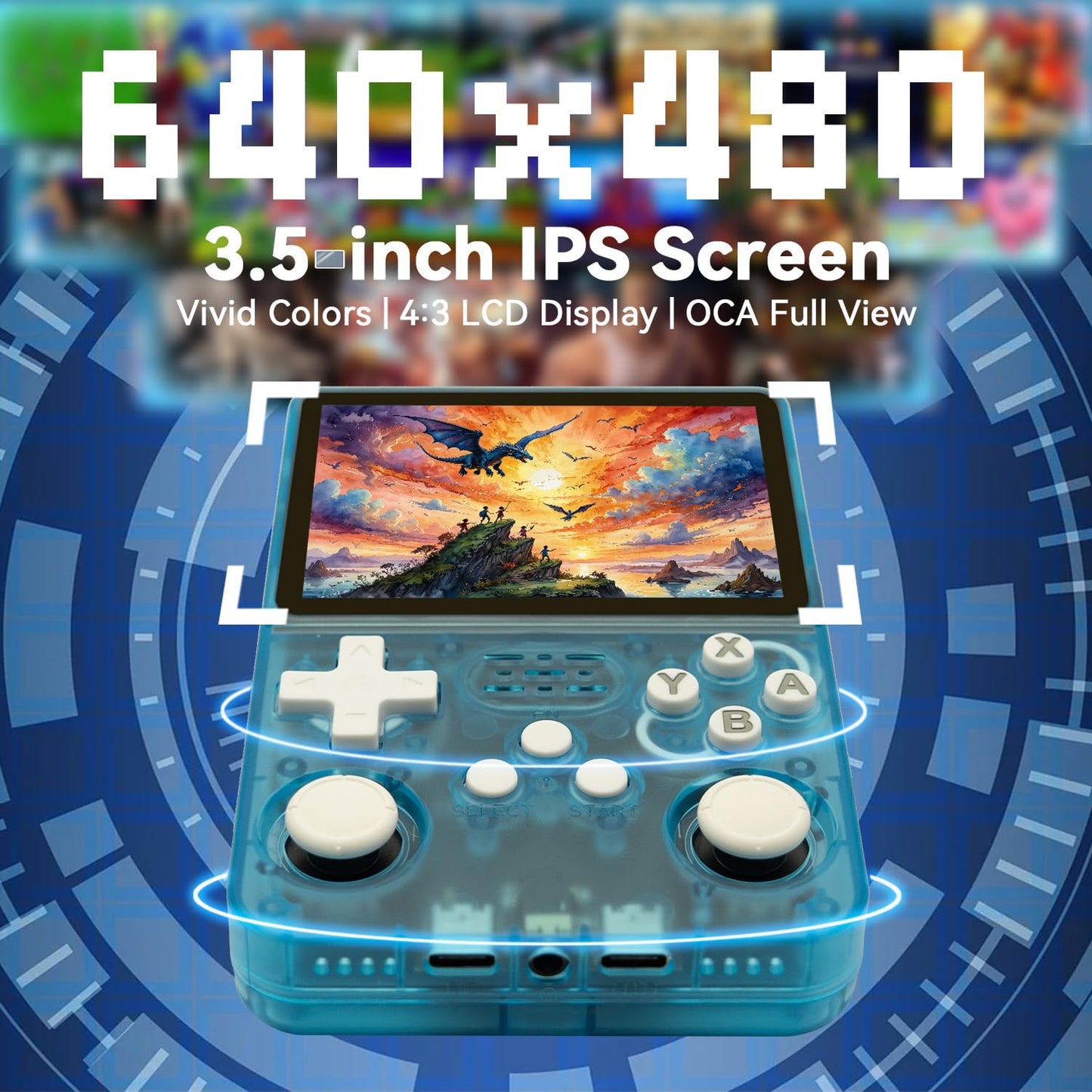 R36S Handheld Game Console 3.5-in 640*480 IPS OCA Screen 3200mAh ArkOS RK3326 Cyan Transparent-64GBVer.