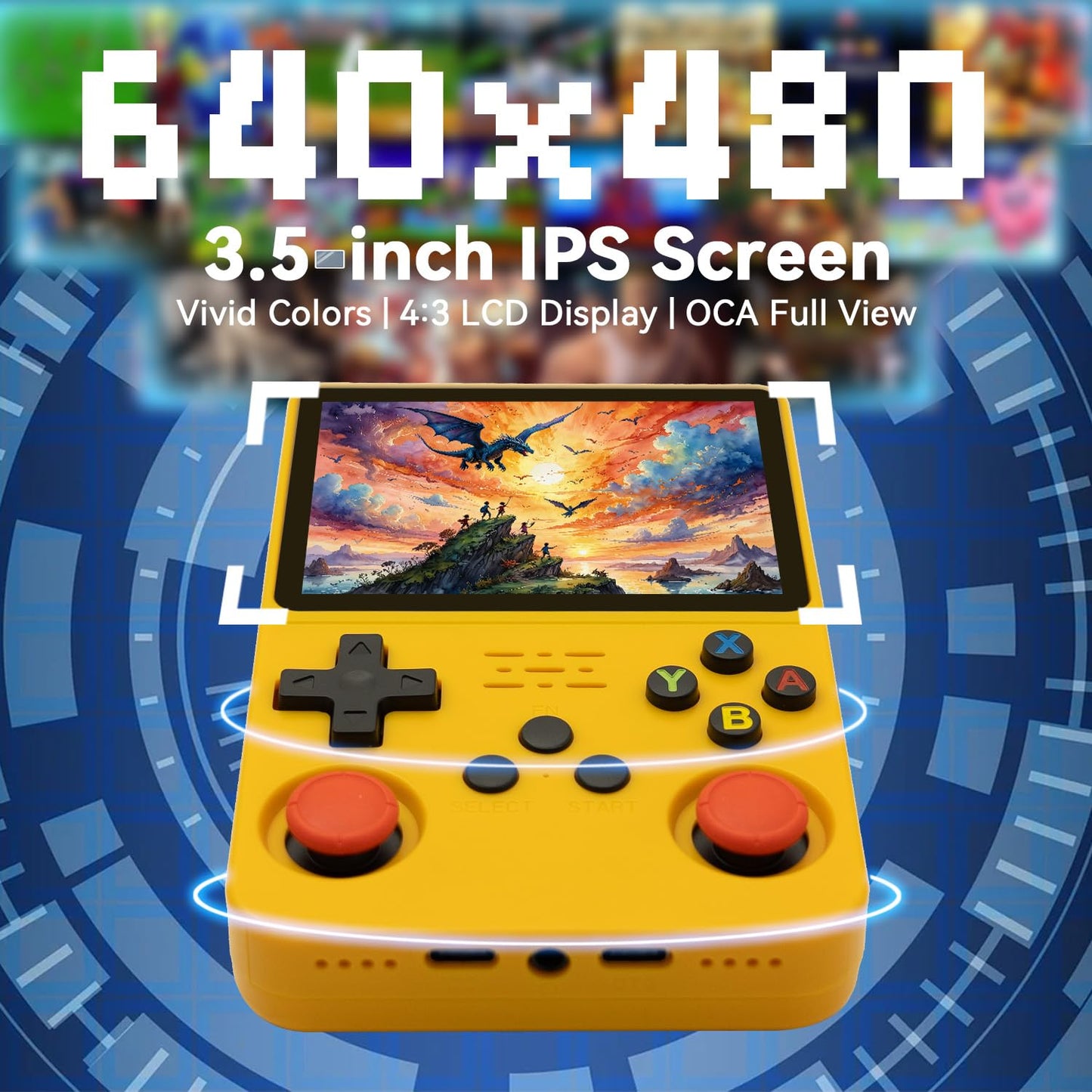 R36S Handheld Game Console 3.5-in 640*480 IPS OCA Screen 3200mAh ArkOS RK3326 Yellow-64GBVer.