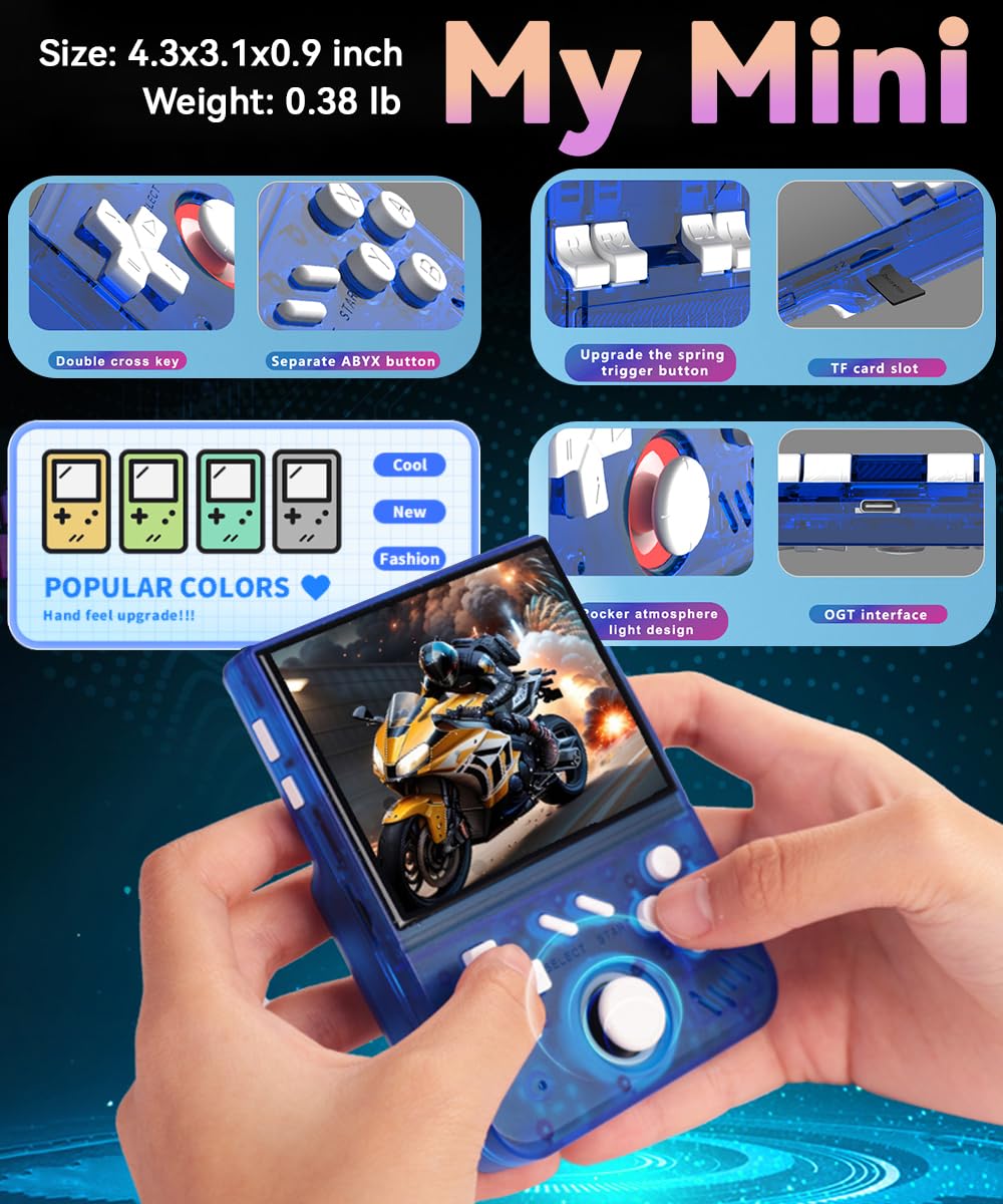 My Mini Handheld Game Console 3.5-in 640*480 IPS OCA Screen RK3326 4000mAh with Portable Case Blue Transparent-64GB