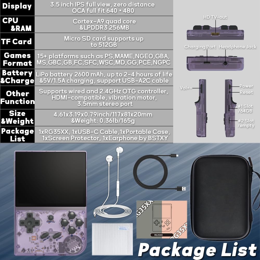 RG35XX Handheld Game Console 3.5-inch IPS Screen RG 35XX Preinstalled Emulator Dual OS System with Portable Case 64GB Transparent Purple