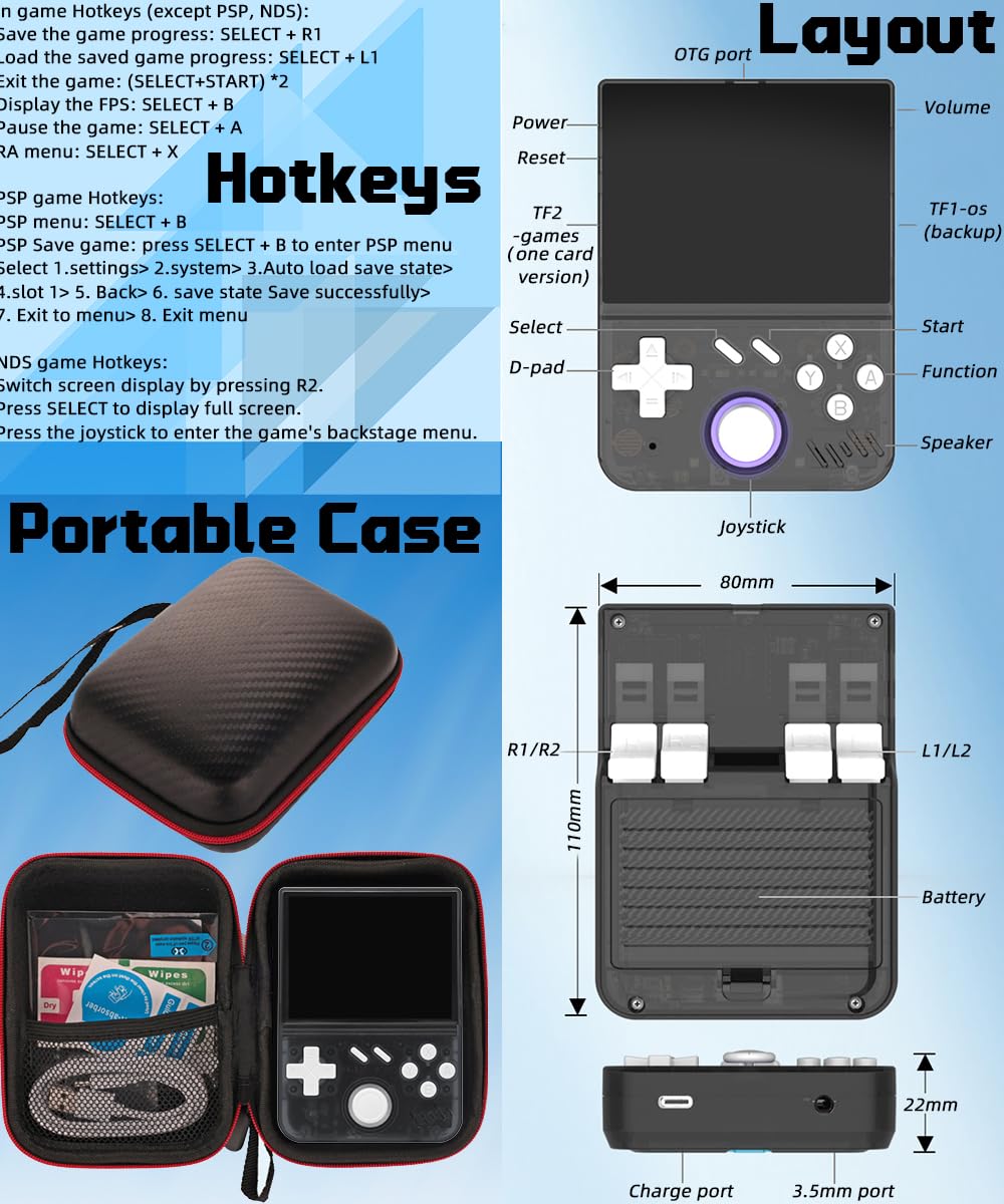 My Mini Handheld Game Console 3.5-in 640*480 IPS OCA Screen RK3326 4000mAh with Portable Case Black Transparent-64GB