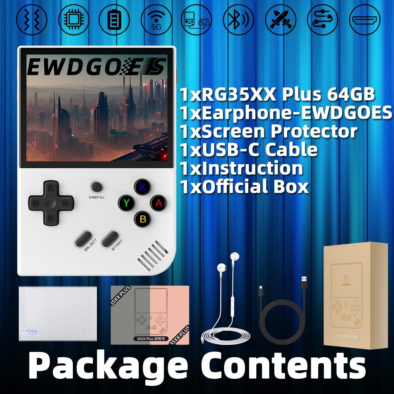 EWDGOES RG35XX Plus Handheld Game Console 3.5 in IPS Screen RG 35XX Plus Preinstalled Emulator System 64GB White