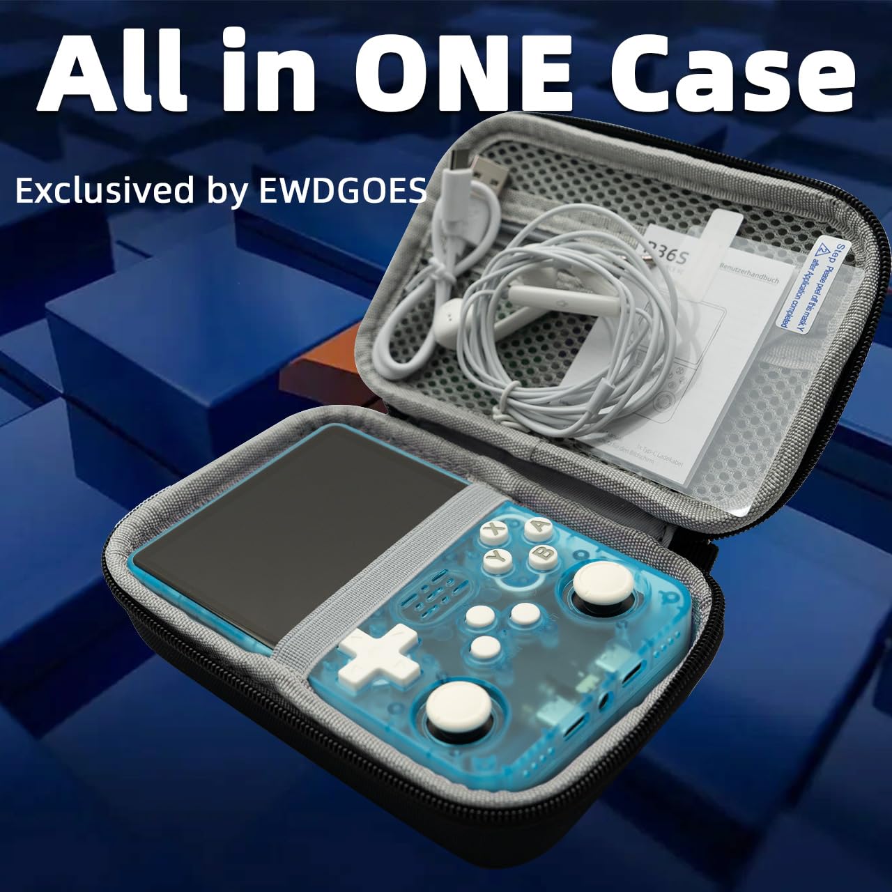 R36S Handheld Game Console 3.5-in 640*480 IPS OCA Screen 3200mAh ArkOS RK3326 Cyan Transparent-64GBVer.