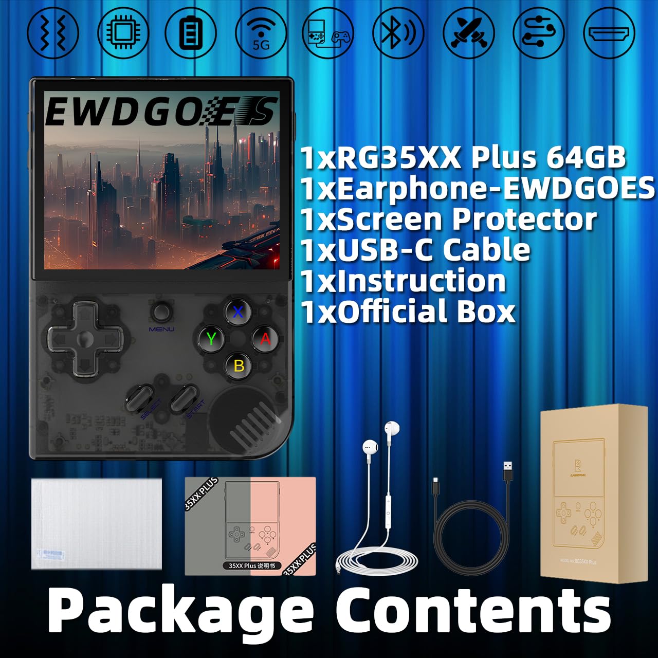 EWDGOES RG35XX Plus Handheld Game Console 3.5 in IPS Screen RG 35XX Plus Preinstalled Emulator System 64GB Transparent
