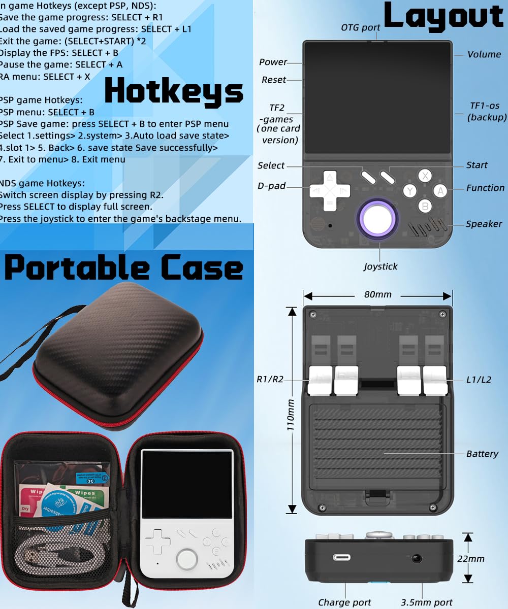 My Mini Handheld Game Console 3.5-in 640*480 IPS OCA Screen RK3326 4000mAh with Portable Case White-64GB
