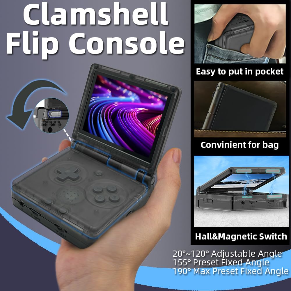 RG35XXSP Handheld Game Console 3.5 inch IPS Screen 3300mAh System Clamshell Retro Games Consoles Flip Compatible with TV-Out 64G Black Transparent