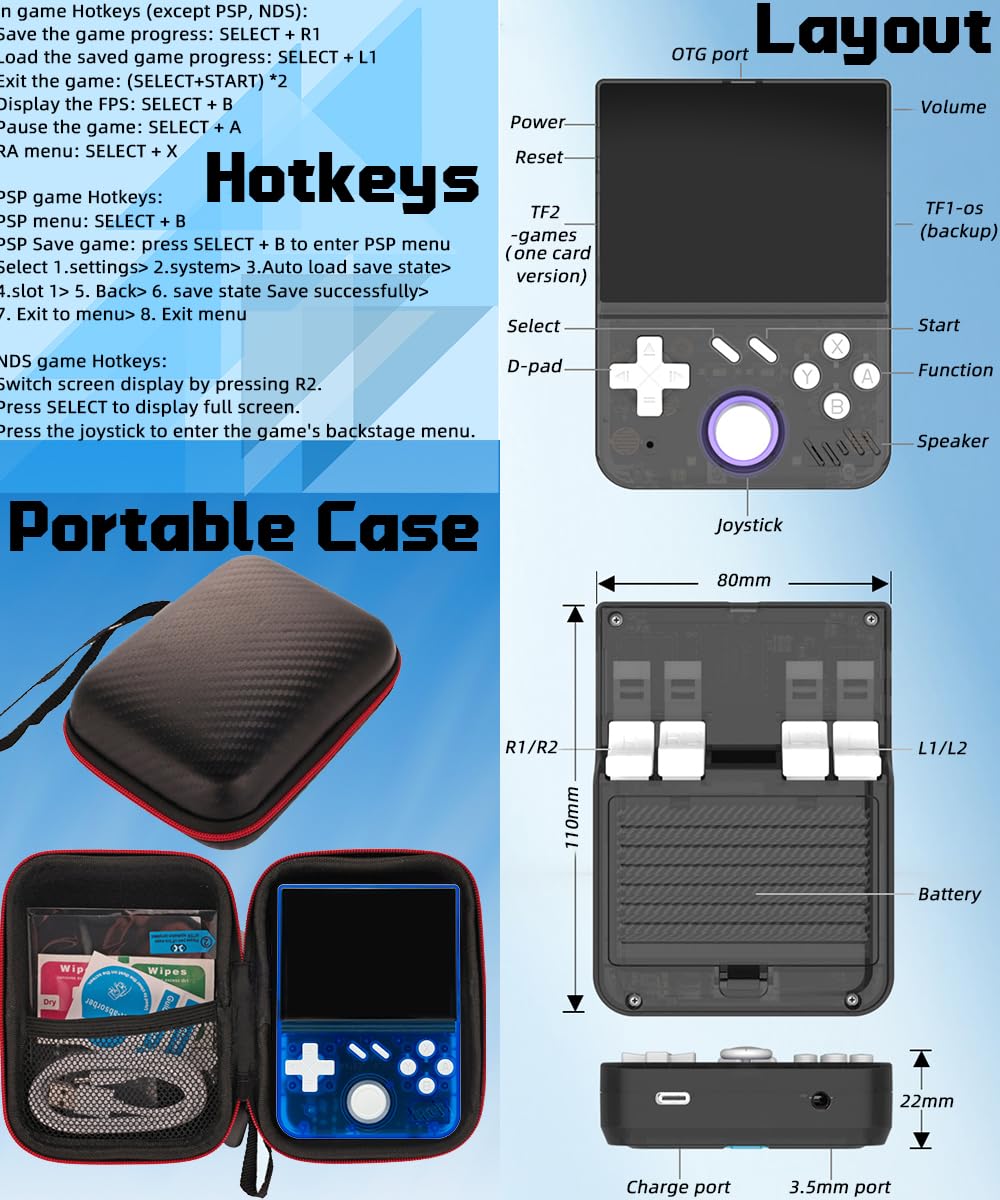 My Mini Handheld Game Console 3.5-in 640*480 IPS OCA Screen RK3326 4000mAh with Portable Case Blue Transparent-64GB
