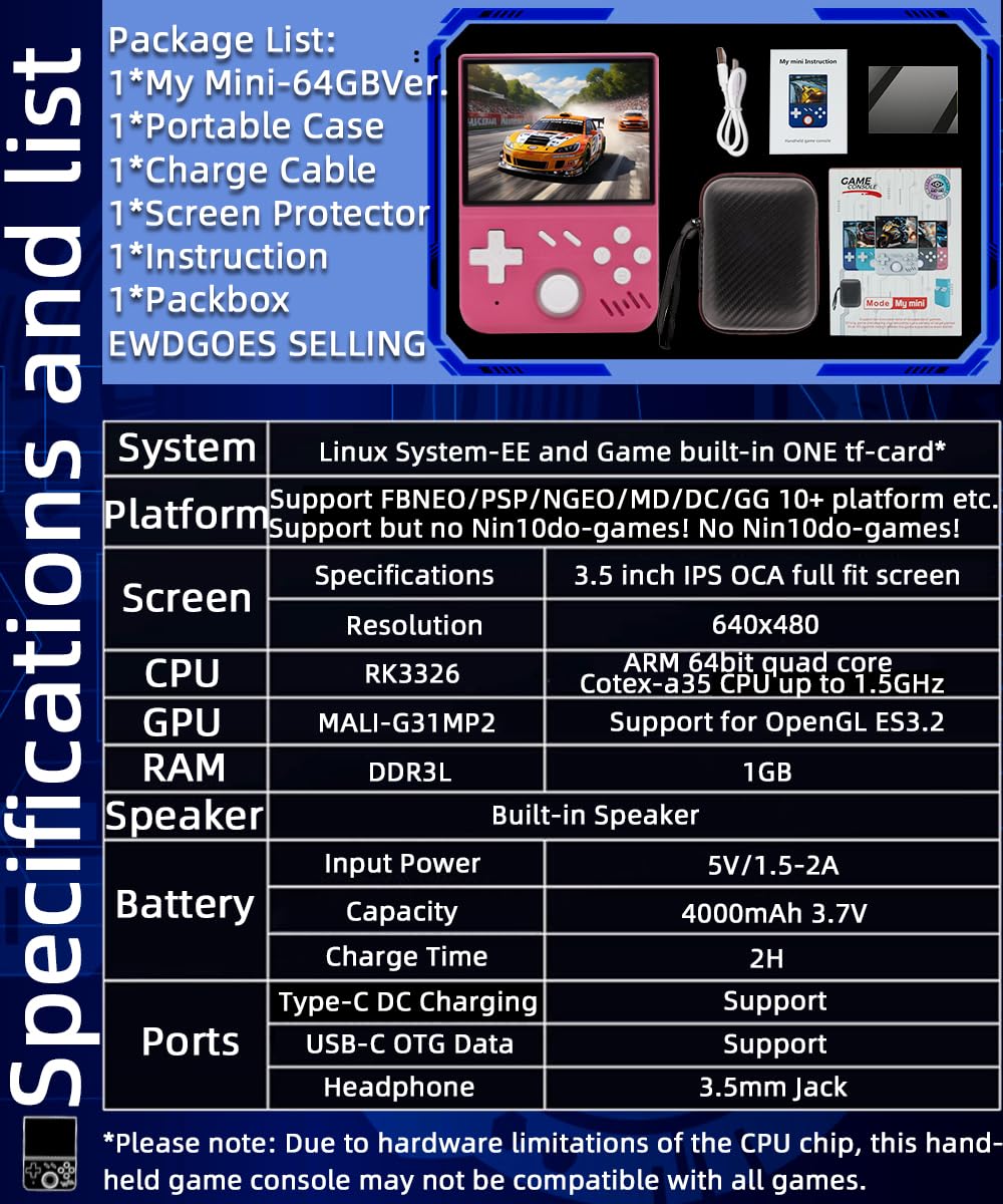 My Mini Handheld Game Console 3.5-in 640*480 IPS OCA Screen RK3326 4000mAh with Portable Case Pink-64GBVer.