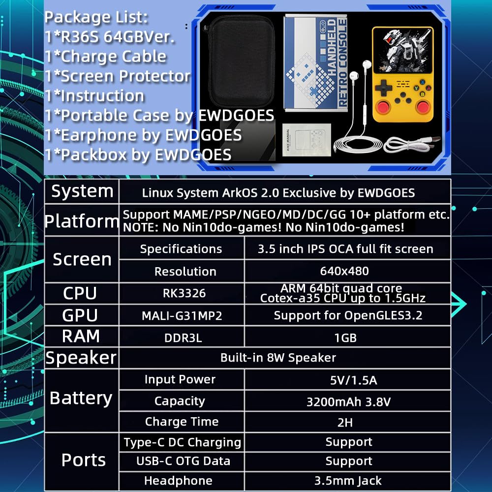 R36S Handheld Game Console 3.5-in 640*480 IPS OCA Screen 3200mAh ArkOS RK3326 Yellow-64GBVer.