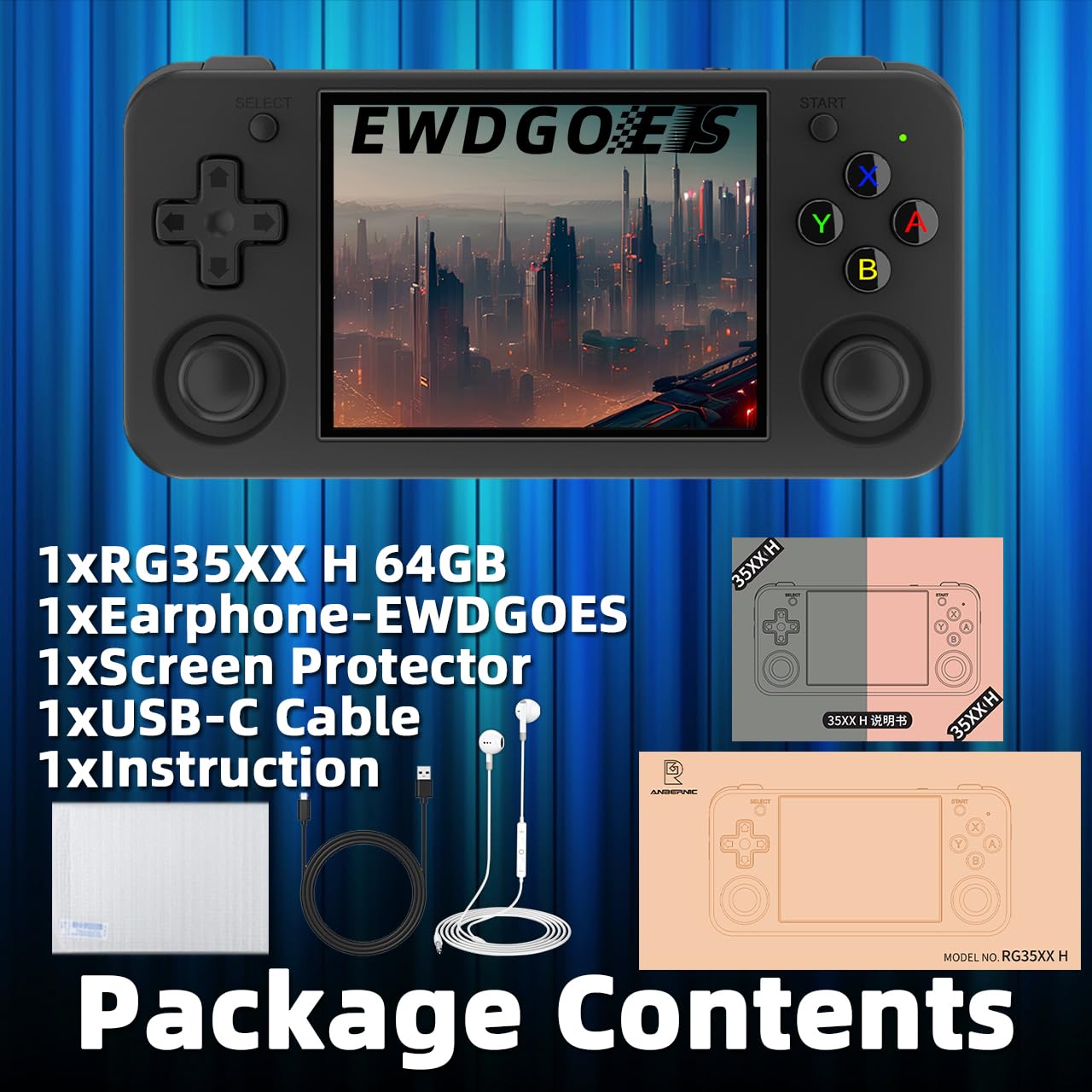 EWDGOES RG35XX H Handheld Game Console 3.5-in IPS Screen H700 3300mAh RG 35XX H Preinstalled Emulator System 64GB Black