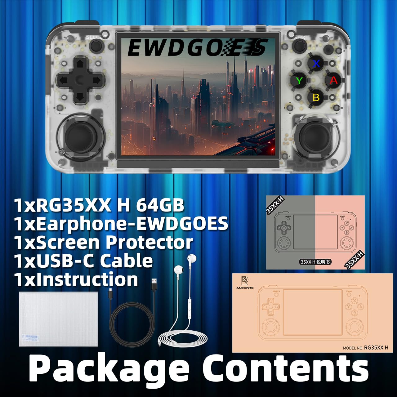 EWDGOES RG35XX H Handheld Game Console 3.5-in IPS Screen H700 3300mAh RG 35XX H Preinstalled Emulator System 64GB Transparent White