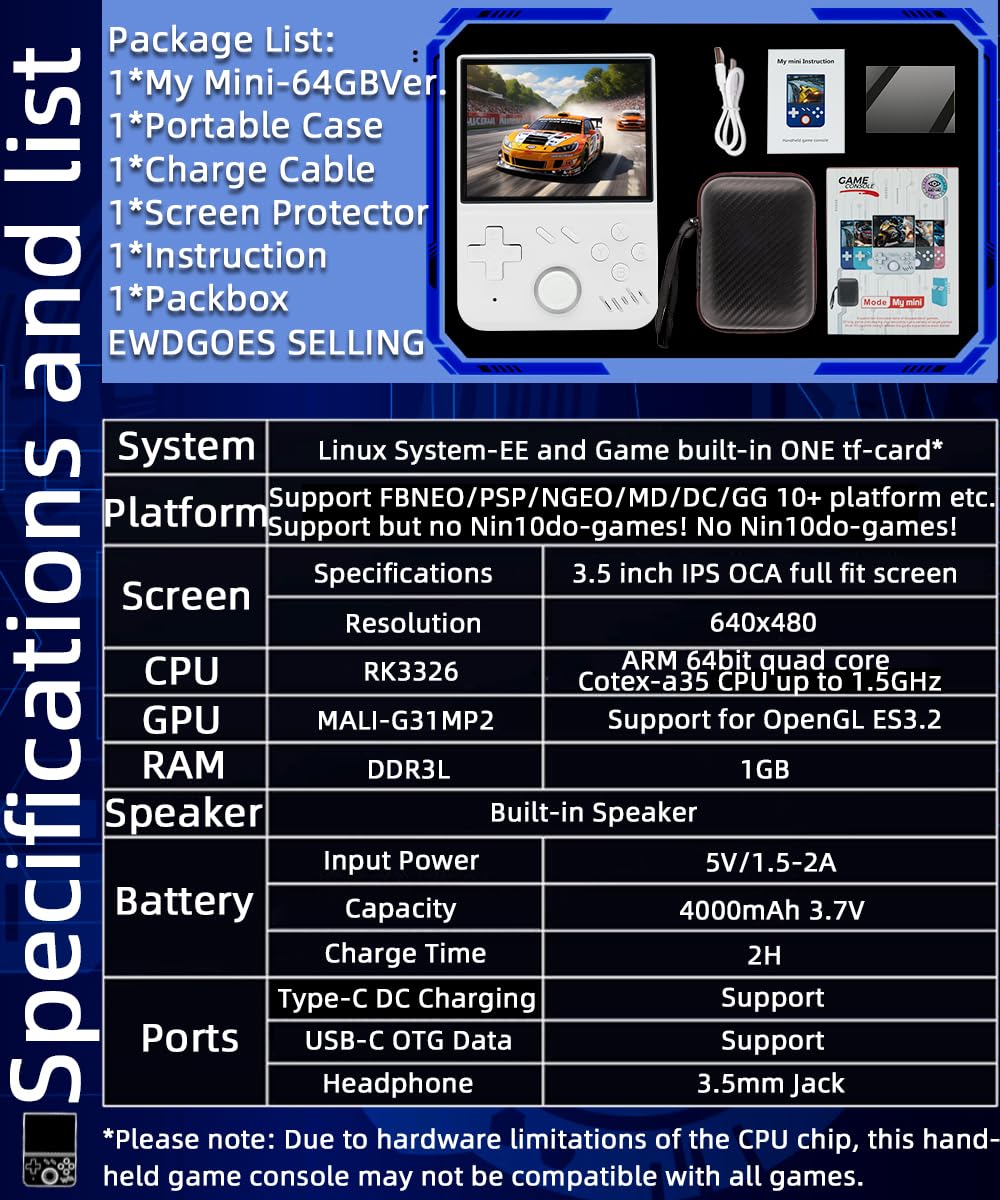 My Mini Handheld Game Console 3.5-in 640*480 IPS OCA Screen RK3326 4000mAh with Portable Case White-64GB