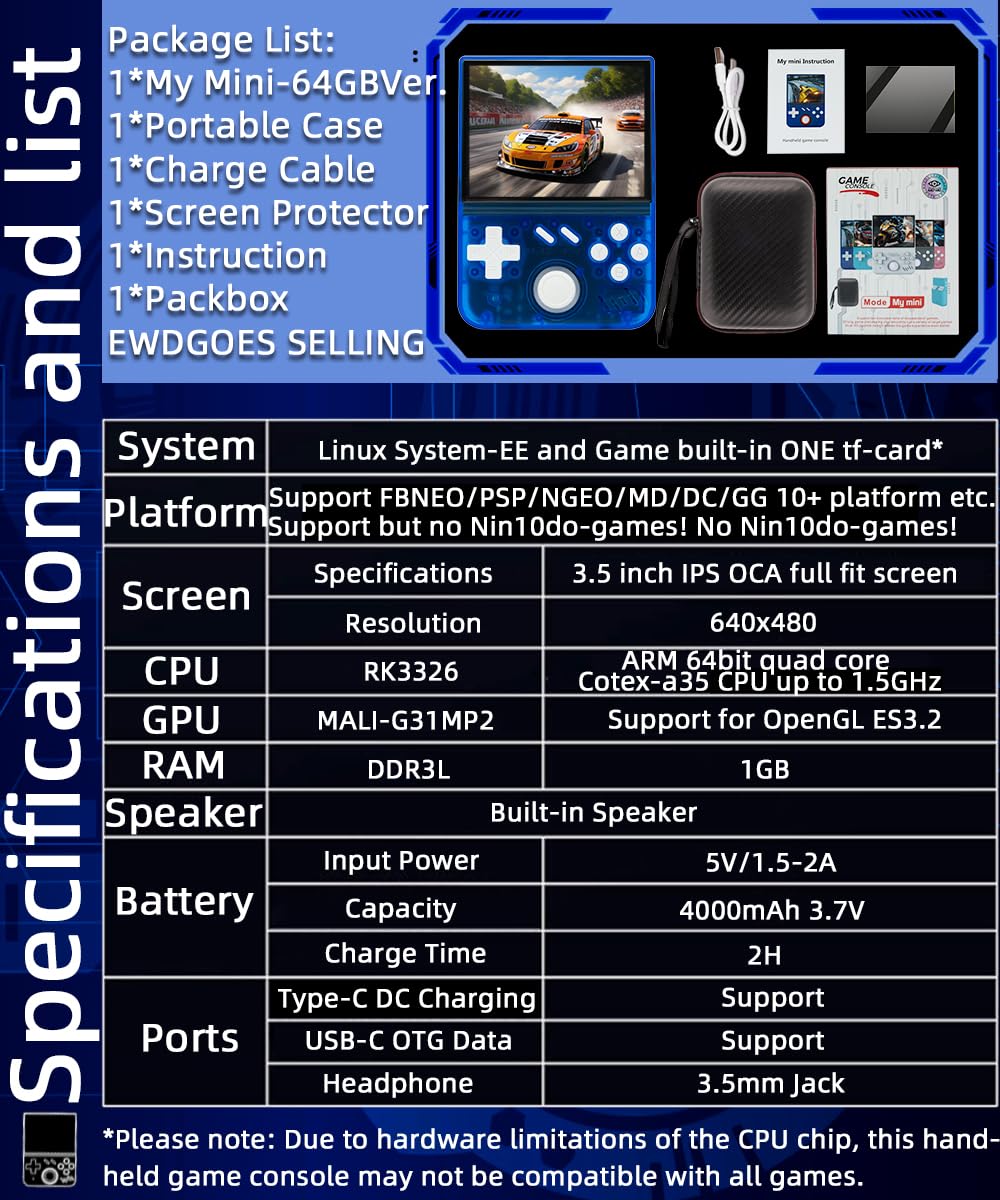 My Mini Handheld Game Console 3.5-in 640*480 IPS OCA Screen RK3326 4000mAh with Portable Case Blue Transparent-64GB